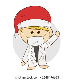 Vector illustration of doodle, doctor character wearing a kawaii Christmas mask and hat