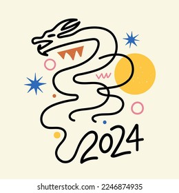 Vector illustration with doodle dragon, stars and abstract elements. Chinese New Year 2024 symbol, year of the dragon, calendar print poster