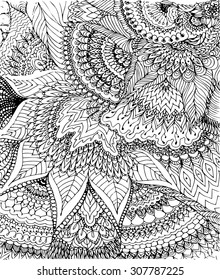 Vector illustration of doodle drawing. Abstract black lines, curves and leaves on the white background. Vintage backdrop. Hand-drawn texture. 