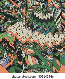 Vector illustration of doodle drawing. Abstract lines, curves and leaves. Vintage backdrop. Hand-drawn texture. Warm green and orange colors.