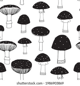 Vector illustration. Doodle drawing of mushrooms - fly agaric.