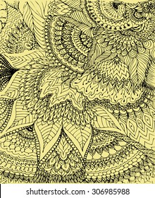 Vector illustration of doodle drawing on the soft yellow background. Abstract black lines, curves and leaves. Vintage backdrop. Pale yellow and black hand-drawn texture. 