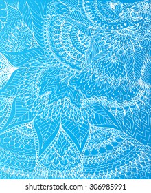 Vector illustration of doodle drawing on the light blue background. Abstract white lines, curves and leaves. Vintage backdrop. Hand-drawn texture. Frost image for winter themes.