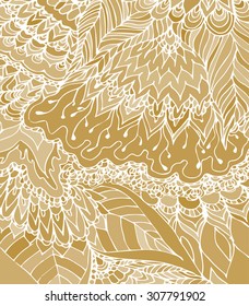 Vector illustration of doodle drawing on the light beige background. Abstract white lines, curves and leaves. Vintage backdrop. Hand-drawn texture. 