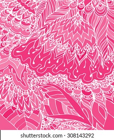 Vector illustration of doodle drawing on the pink background. Abstract white lines, curves and leaves. Vintage backdrop. Hand-drawn texture. 