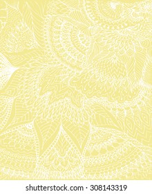 Vector illustration of doodle drawing on the light yellow background. Abstract white lines, curves and leaves. Vintage backdrop. Hand-drawn texture. 