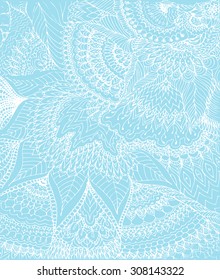 Vector illustration of doodle drawing on the light blue background. Abstract white lines, curves and leaves. Vintage backdrop. Hand-drawn texture. 