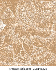 Vector illustration of doodle drawing on the light beige background. Abstract white lines, curves and leaves. Vintage backdrop. Hand-drawn texture. 