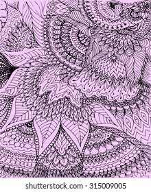 Vector illustration of doodle drawing on the light purple background. Abstract black lines, curves and leaves. Vintage backdrop. Hand-drawn texture. 
