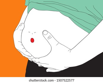 Vector illustration doodle drawing of people with overweight and has fat belly. Hungry stomach with cartoon faces, people want to eat food