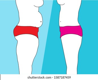 Vector illustration doodle drawing of people with overweight and has fat belly and slim body, weight concept before and after
