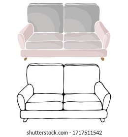 ilustración vectorial, dibujo de doodle en estilo doodle, sofá, mobiliario, aislamiento sobre fondo blanco