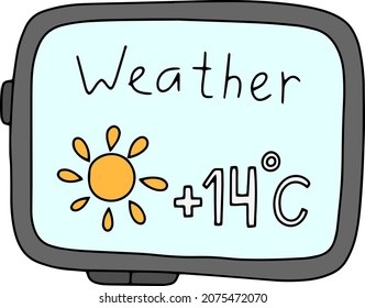 Ilustración vectorial doodle tableta electrónica con información meteorológica. pantalla de tablet con widget meteorológico.