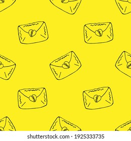 Vector illustration. Doodle envelope isolated on yellow background. Seamless pattern.