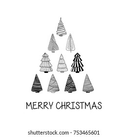 a vector illustration of a doodle fir tree pyramide, a Christmas tree tower; a minimalistic New Year Card made of hand drawn elements; isolated on white background