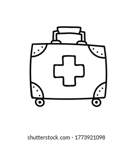 Vector Illustration of a Doodle First Aid Kit,Drugs.Ambulance Elements.Hand drawn Paramedic's Case for Web,Design,Graphic.Line,Outline Medicine Objects.box of Urgency Hel.Isolated on white background.