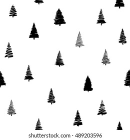 Vector illustration of doodle fir-tree seamless background in modern style. Sketch xmas tree and round sphere for new year, christmas design. Hand drawn spruce tree seamless pattern