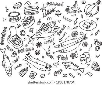 Vector illustration doodle of fish and seafood