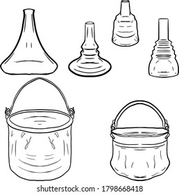 
Vector illustration of doodle flasks on a white background. Set of utensils for printing on paper, logo, clothes, blanks for designers, shops