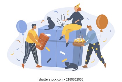 vector illustration, doodle in a flat style on the theme of birthday celebrations. the girl sits on a huge gift box, and the men bring her gifts and a cake
