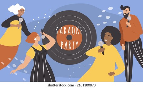 vector illustration, doodle in a flat style on the theme of a karaoke party. various people sing into the microphone