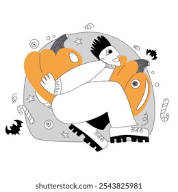 Ilustração vetorial em rabiscar e estilo plano sobre tema de Halloween em tons roxos e laranja. Homem de chapéu de bruxa e abóbora. Ilustração sobre tema de Halloween.
