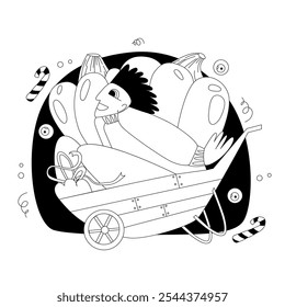 Vector illustration in doodle and flat style on Halloween theme in purple and orange shades. Man in witch hat and with pumpkin. Illustration on Halloween theme.