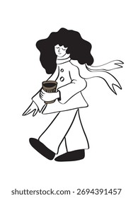 Vektorgrafik im Doodle-Flachstil eines Mädchens, das mit Kaffee durch die Stadt geht