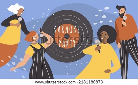 vector illustration, doodle in a flat style on the theme of a karaoke party. various people sing into the microphone