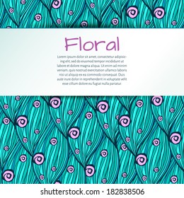 vector illustration. doodle floral pattern of leaves and flowers turquoise and pink  colors, with space for text