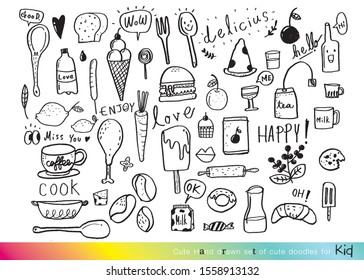 Vector illustration of doodle food and drink elements for backgrounds, textile prints, covers ,Vector illustration of Doodle cute for kid, Hand drawn set of cute doodles for decoration