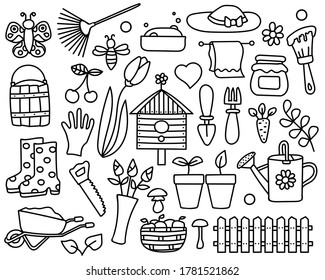 Vektorgrafik von Gartenwerkzeugen. für Web, Grafik und Design.handgezeichnet und Linie der landwirtschaftlichen Elemente.doodle Bauernausstattung.einzeln auf weißem Hintergrund.