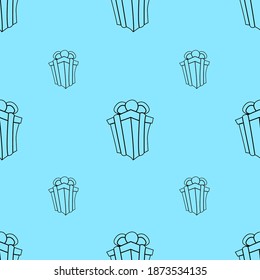 Vector illustration. Doodle gift box seamless pattern on blue backdrop background. Design element for poster, banner, clothes.