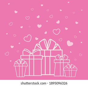 Vector illustration of doodle gifts boxes on pink background with hearts

