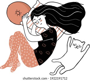 Vector illustration doodle of girl sleeping with a cat next to her