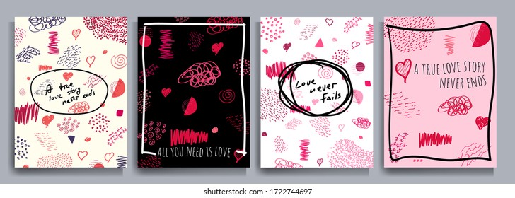 Vector illustration. Doodle graphic covers set with hand-drawn frame with text. Design for poster, cover, wedding invitation. Color abstraction for print. Cute retro wallpapers with love quotes. 