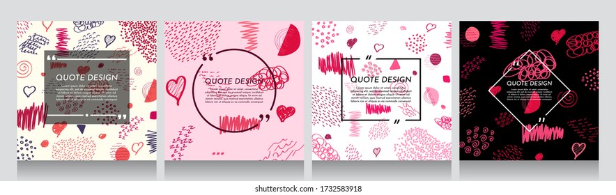 Vector illustration. Doodle graphic covers set. Hand drawn frame with text. Design for social media, poster, wedding invitation. Color abstraction for print. Cute childish wallpapers with love quotes