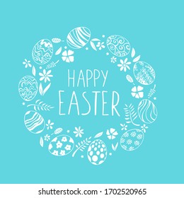 Vector illustration with doodle hand drawn drawings: flowers, leafs, easter eggs ,Happy easter greeting card\bunner.