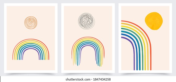 Vector illustration. Doodle hand drawn elements. Abstract posters set. Contemporary backgrounds. Colorful rainbow. Design for postcard, book cover, brochure, flyer, brochure. 50s, 60s retro graphic