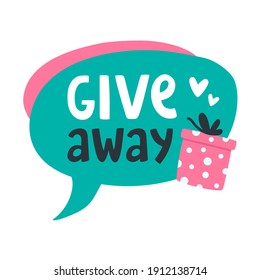 Ilustración vectorial con letras dibujadas a mano y discurso de burbuja. Diseño conceptual de regalo. Cuidada pintura de color rosa y verde con caja de regalo. Para promoción, evento, blog, oferta