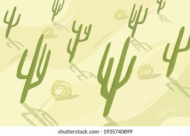 Ilustración vectorial. Estilo de caricatura dibujado a mano en Doodle. Concepto plano. Fondo de paisaje de cactus. Elementos de diseño para imprimir, sitio web o plantilla de fama. Colores verdes y amarillos. Algas rodando