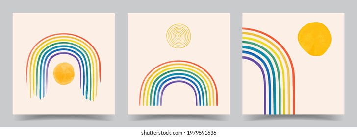 Ilustración vectorial. Elementos dibujados a mano con Doodle. Afiches abstractos puestos. Antecedentes contemporáneos. Arco arco iris de color colorido. Diseño para plantilla de medios sociales, banner web. Retro gráfico de los años 50 y 60