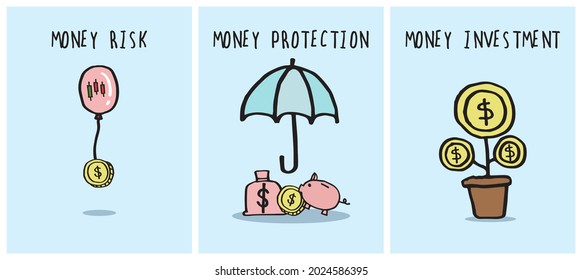 Vector illustration of doodle hand drawn of financial management. Money risk:stock icon on balloon with coin. Money protection:umbrella covers money bag coin piggy bank. Money investment:money tree.