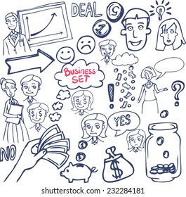 Vector illustration doodle hand drawn business set with businessman and businesswoman emotions isolated on white background