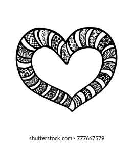 Vector illustration of doodle hand drawn heart. Coloring page book for Valentine day. Black and white card for Saint Valentines Day. Symbol of love