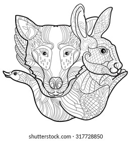 Vector illustration doodle hand-drawn forest animals: wolf, swan, rabbit.