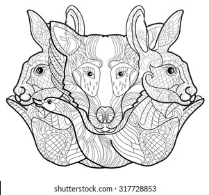 Vector illustration doodle hand-drawn forest animals: wolf, swan, rabbit.