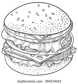 Vector illustration. Doodle hand-drawn line art Cheeseburger