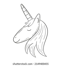 Vector illustration doodle head of a cute fabulous pink unicorn with a mane isolated on white.