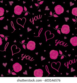 Vector illustration. Doodle hearts, love text and letter. Hand drawn calligraphy wallpaper on a black background. Vector love lettering seamless pattern in pink, magenta and purple colors.